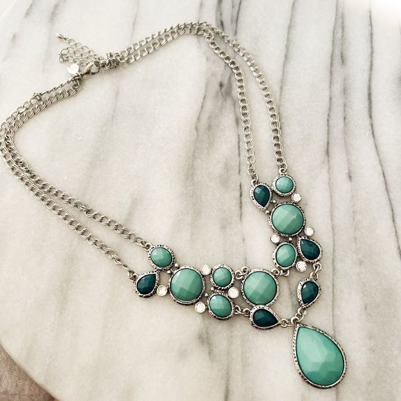Cookie Lee Jewelry - Cookie Lee Statement Necklace Teal Silver Crystal Bib Glam Dressy Party Holiday